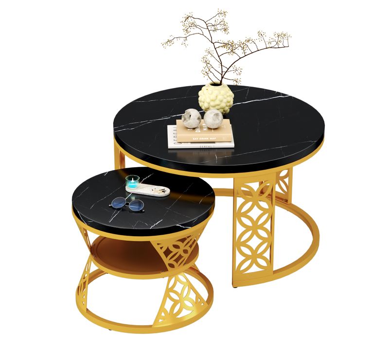 Table Basse Gigogne Ronde, Ensemble De 2, 70x70x45/45x45x37 Cm, Placage De Marbre , Noir + Doré