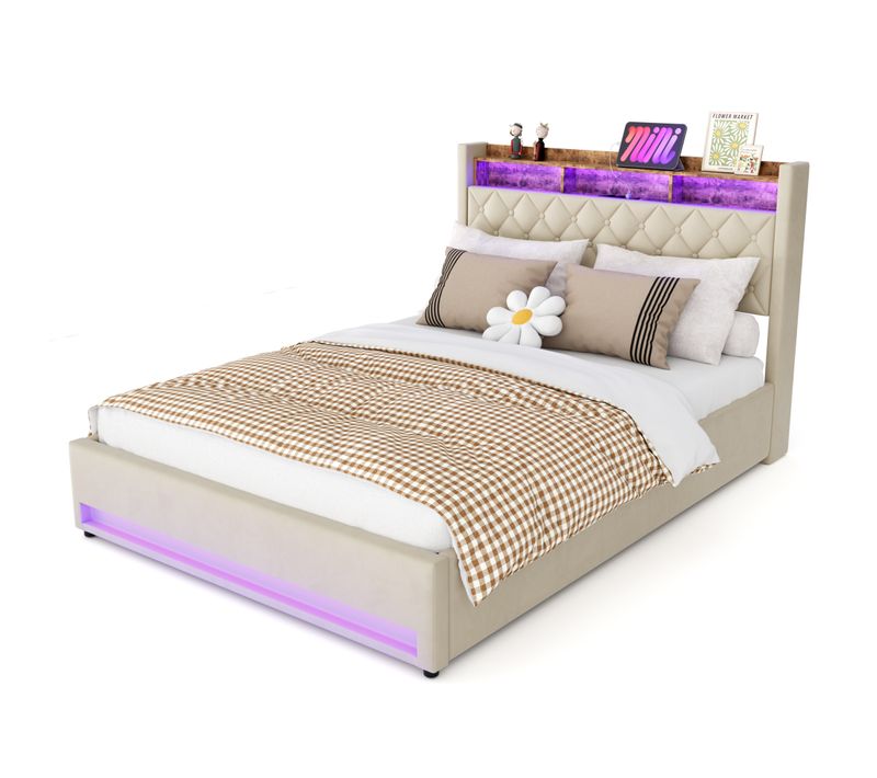 Lit Coffre Adulte 160x200cm, Avec Éclairage LED, Port USB Et Prise Électrique, Velours, Beige