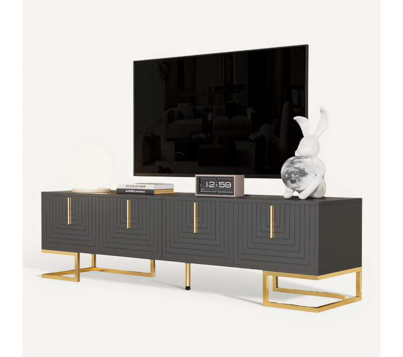 Meuble TV 170×40×45,5 Cm Avec 4 Portes, Adapté Pour Télévision De 70–79 Pouces, Couleur Gris Et Or