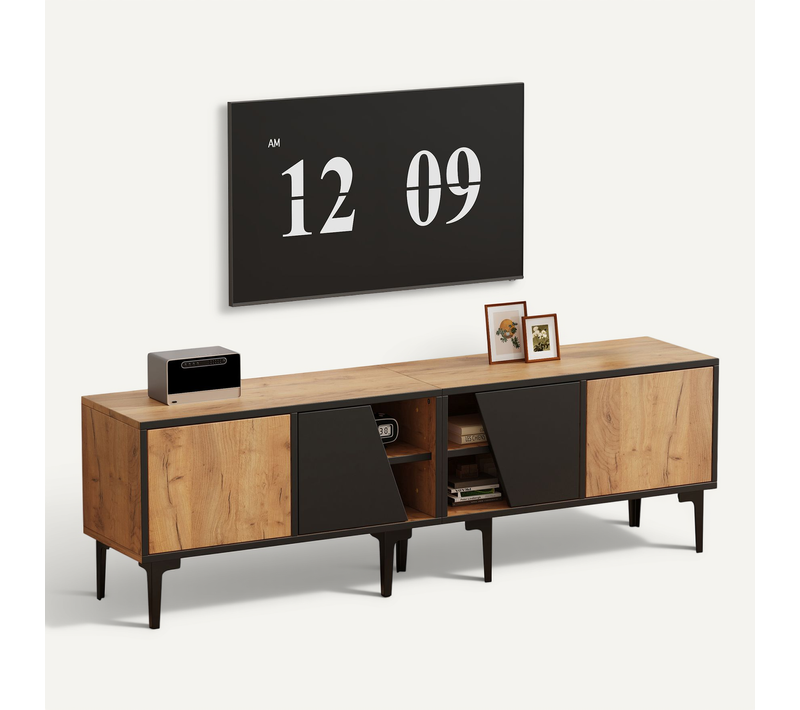 Meuble TV Design 160x36.5x45 Cm 4 Portes Et 2 Tablettes, Couleur Bois, Pour TV Jusqu'à 65 Pouces