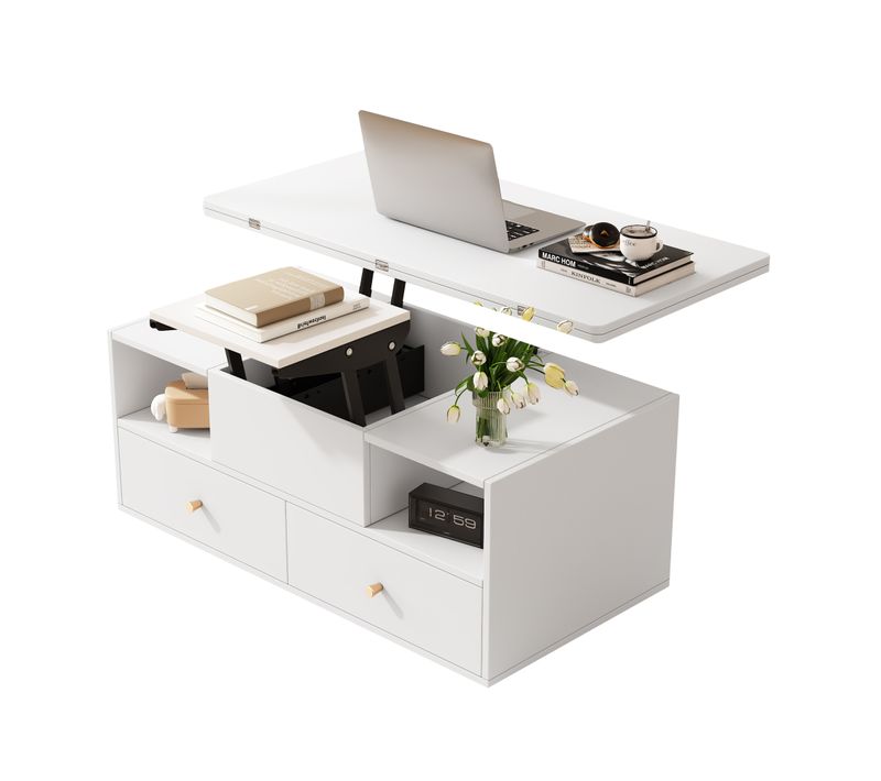 Table Basse Hydraulique Réglable 100x50x47,5 Cm, 4 Tiroirs, Plateau Extensible, Mdf, Blanc