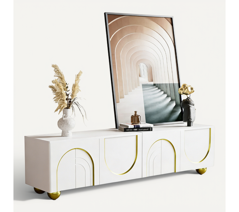 Meuble TV 170x38x44 Cm Avec 4 Portes, Adapté Pour Télévision De 70-79 Pouces, En Mdf, Blanc
