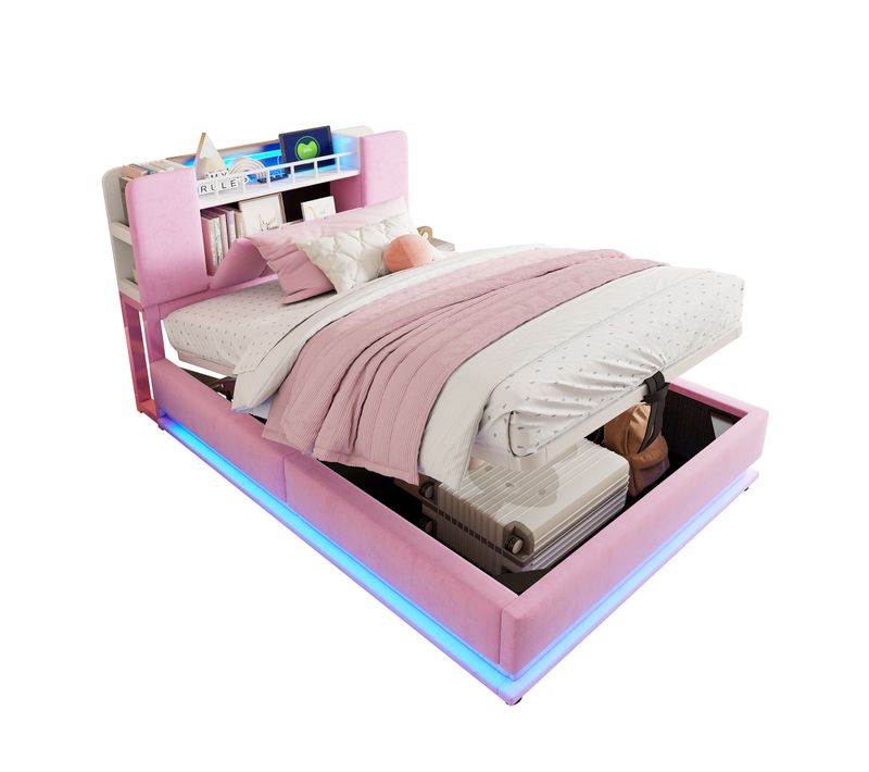 Lit Coffre 90x200 Cm, Lit Simple Avec LED, Prise USB, Rangement Hydraulique, En Velours, Rose