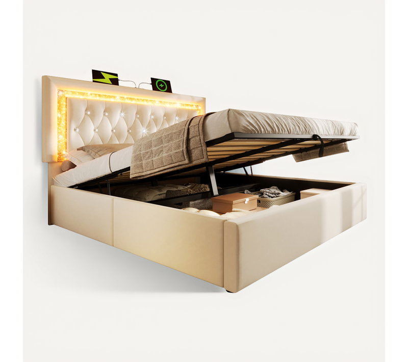 Lit coffre adulte 160x200cm Avec Rangement Hydraulique, LED, Port USB/type-c, Velours, Beige