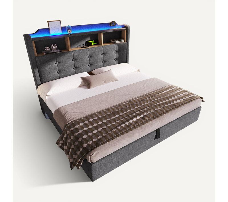 Lit coffre 140x200 cm avec LED, tête de lit rangements, USB/Type-C, design flottant, lin gris