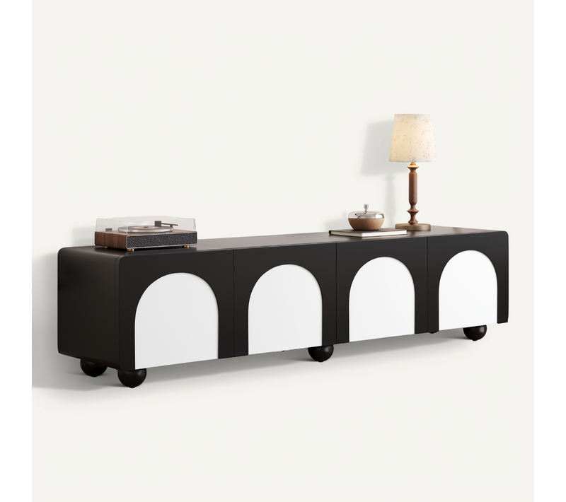 Meuble TV 180x38x45 Cm Avec 2 Tiroirs, 2 Portes, Design Classique, En Mdf, Noir Et Blanc