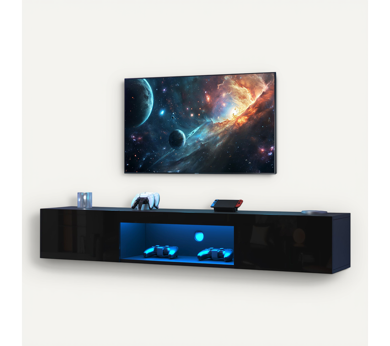 Meuble TV Mural 160 Cm Façade Noir Brillant, LED, 2 Portes Et Niche, Pour Téléviseur Jusqu'à 70"