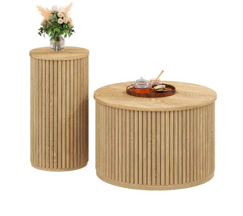 Lot De 2 Table Basse Ronde Modulable Avec Lattes Décor Bois, En Mdf, Couleur Naturel