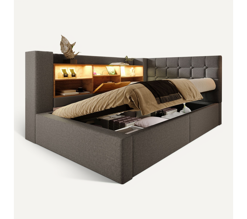 Lit Coffre Simple LED 90x190cm Avec Rangement Hydraulique, Tête De Lit En L Réversible, Lin Gris