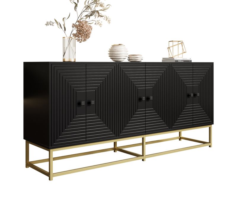 Buffet 6 Portes 160x38x75.5 Cm Design Mat Noir Panneaux Particule Pieds Or