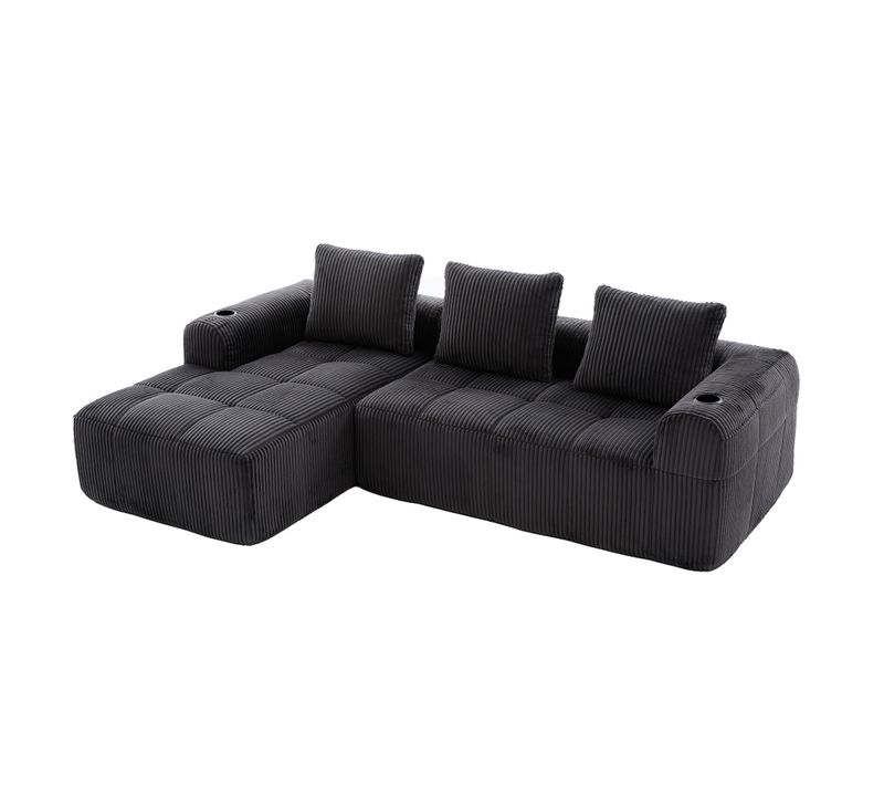 Canapé Compressé D'angle 253×158×61 Cm Avec Poches Latérales, Porte-gobelets, Coussins, Gris Foncé