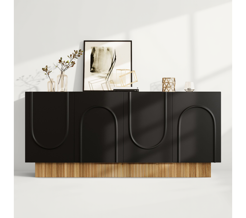 Buffet 4 Portes 160x75x38 Cm - Grand Rangement - Panneaux Particule Noir/bois - Design U Relief
