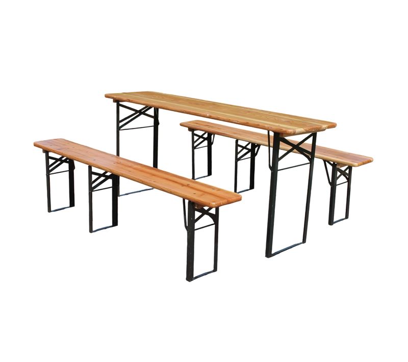 Ensemble Jardin 3 Pièces: Table De Brasserie Pliante, 2 Bancs, Métal, Naturel