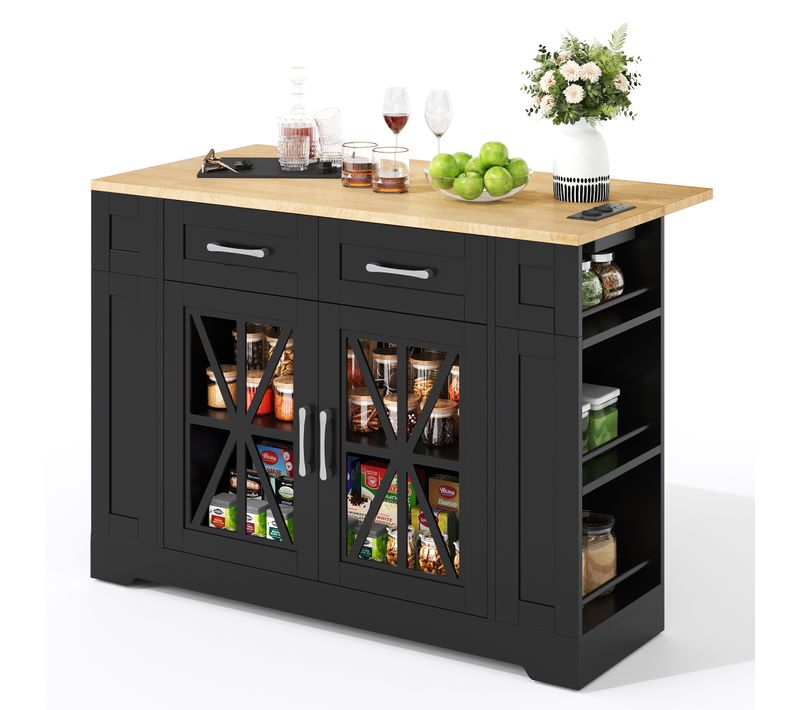 Îlot De Cuisine 120x65x92 Cm Avec 2 Tiroirs, 2 Portes, Roulettes, Rangement, USB, En Mdf, Noir