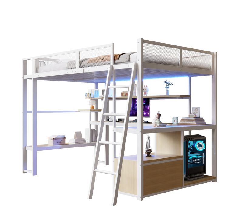 Lit Mezzanine 140x200 Cm Avec Bureau, Éclairage LED, Grand Espace De Rangement, En Métal, Blanc
