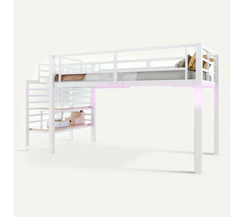 Lit Mezzanine Enfant 90 X 200 Cm Avec Escalier, Rangement, LED Et Fenêtres, En Mdf Et Métal, Blanc