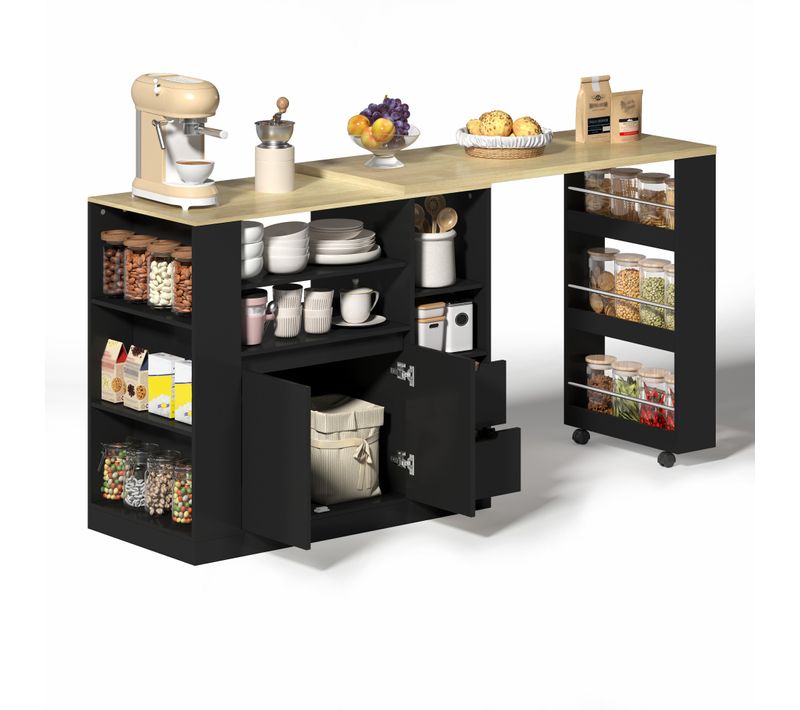 Îlot De Cuisine Extensible 115x50x92 Cm Avec 2 Tiroirs, 2 Portes, Roulettes, Rangement, Mdf, Noir