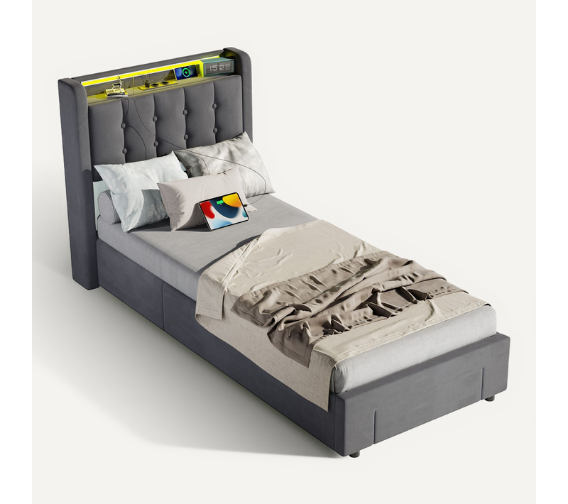 Lit Coffre Enfant 90 X 200 Cm, Lit Simple Avec LED Et USB, Velours, Gris Foncé