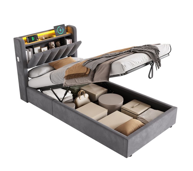 Lit Coffre simple 90X200 Cm Avec LED Et USB, Velours hollandais, Gris Foncé