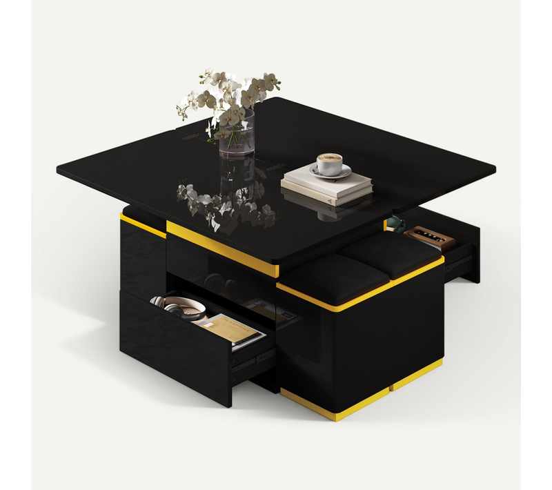 Table Basse Rectangulaire Relevable 100x50-100x43 Cm Avec 2 Tiroirs, 4 Tabourets, Mdf, Noir