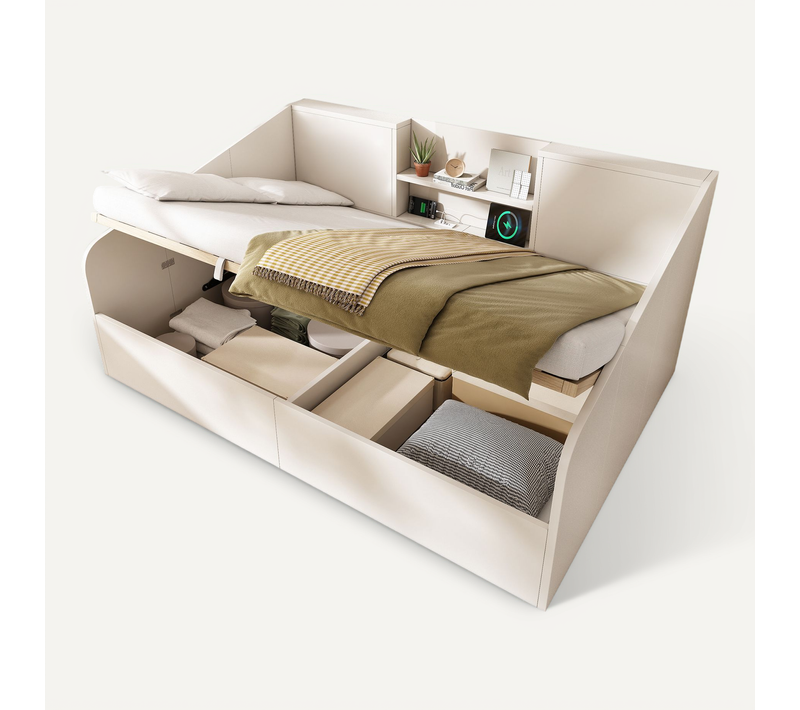 Lit Coffre Adulte 140x190 Cm Avec Rangement, Lit Simple Avec Sommier, Port USB, Bois, Blanc