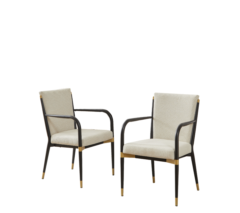 Lot De 2 Fauteuils Salle à Manger Avec Accoudoirs, Tissu Beige, Métal Noir Et Or