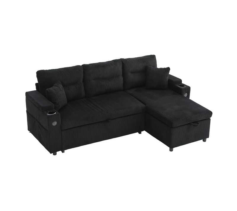 Canapé Convertible 3 Places 212,5×136×86 Cm Avec Rangement, Porte-gobelets, USB-c, Tissu, Noir