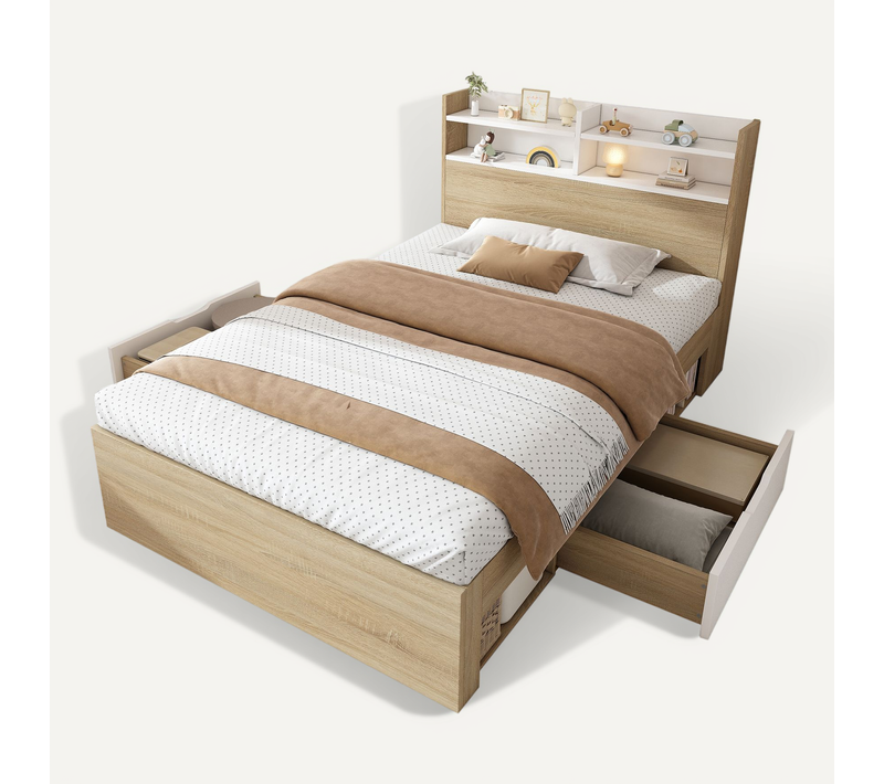 Lit Simple Enfant 90x190 Avec 2 Tiroirs, Étagère, Tête De Lit, Sommier, Couleur Chêne Et Blanc