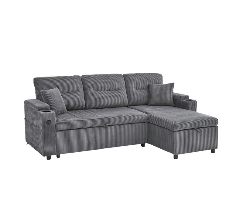 Canapé Convertible 3 Places 212,5×136×86 Cm, Rangement, Porte-gobelets, USB, Tissu, Gris Carbone