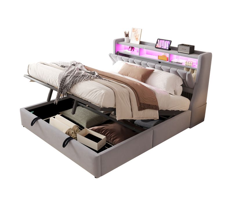 Lit Coffre Adulte 180x200 Cm Avec Rangement , Lit Double Avec USB-c Et LED, Velours, Gris Clair