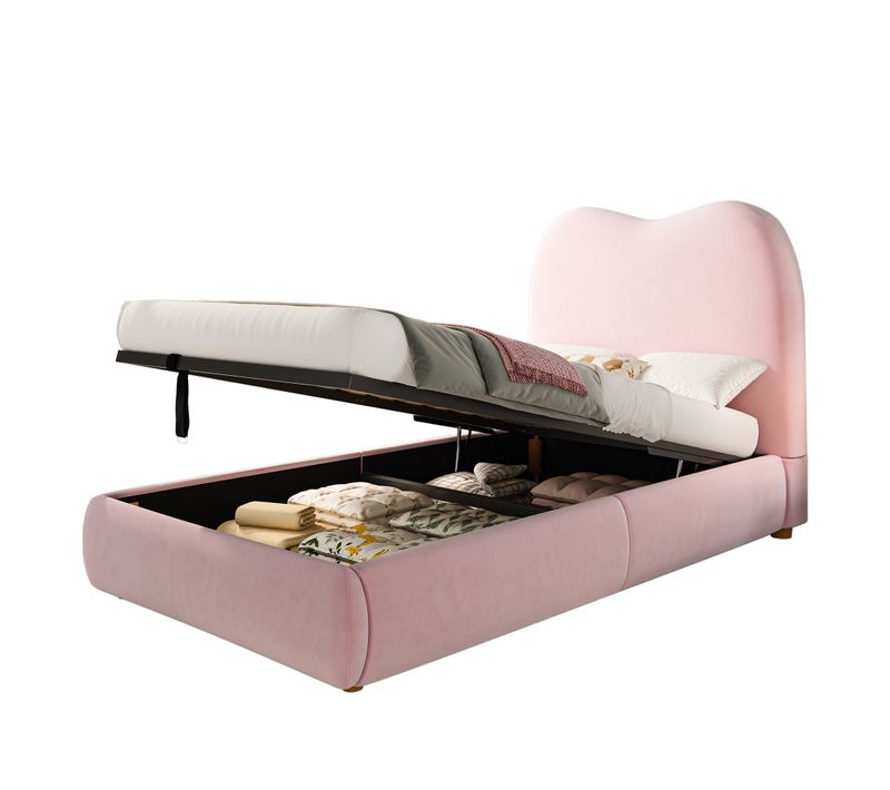 Lit Coffre Enfant 90x200 Cm Avec Sommier, Dossier Rembourré, Rangement, En Velours, Rose