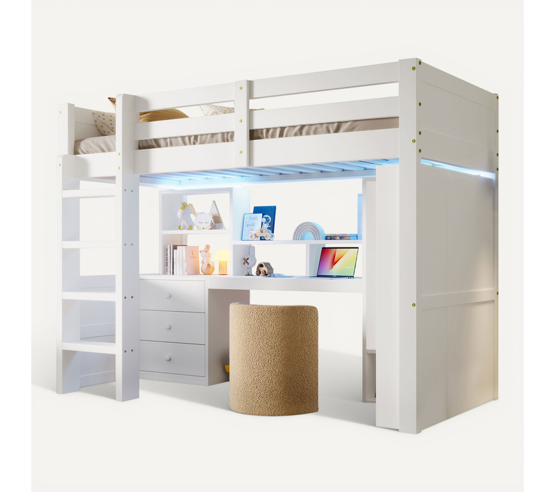 Lit Mezzanine Enfant 90x200 Cm, Lit Simple Avec 3 Tiroirs, Bureau, Armoire Et LED, Bois, Blanc