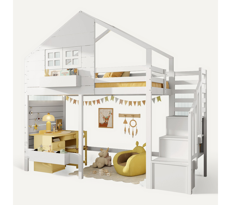 Lit Mezzanine 90x200 Cm Avec Protection Anti-chute, Trappe à Rangement, Fenêtre, En Mdf, Blanc