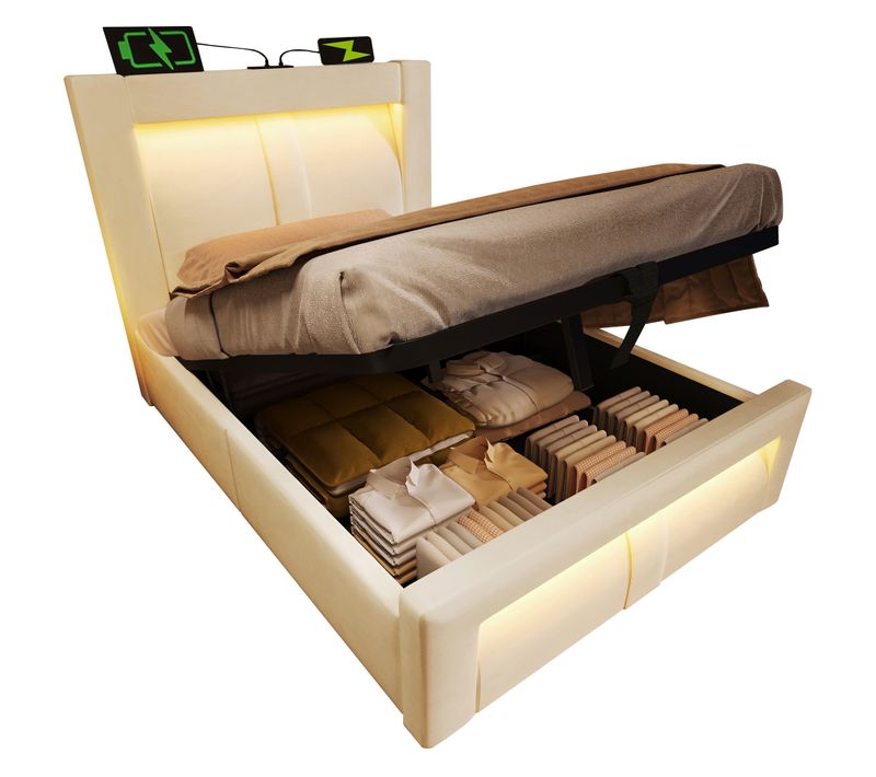Lit Coffre Simple 90 X 200 Cm Avec Rangement, Éclairage LED, Prises USB Et Type-c, Velours, Beige