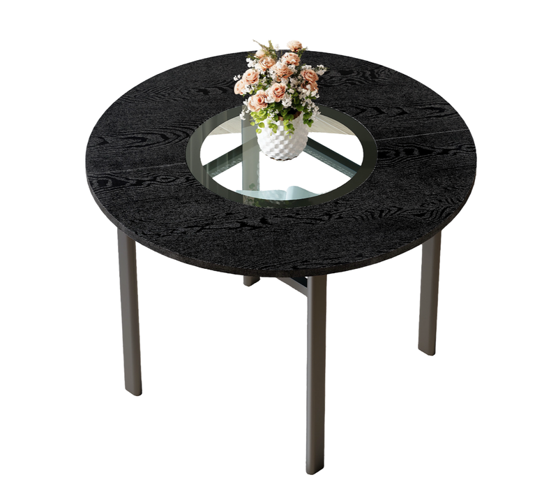 Table De Salle à Manger Ronde 100x76 Cm Avec Rangement Verre, Pieds Stables, En Mdf/verre, Noir