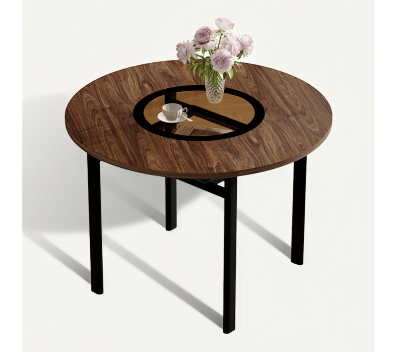 Table De Salle à Manger Ronde 100x76 Cm Avec Rangement Verre, En Mdf/verre/métal, Marron Et Noir