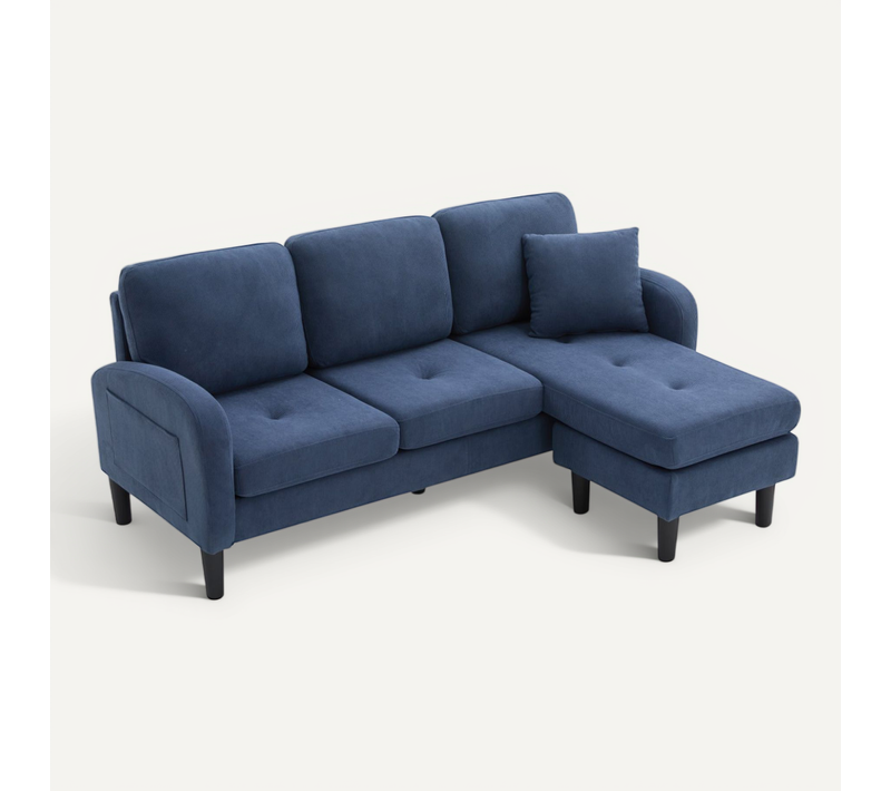 Canapé angle 3 Places 166x118x77 Cm Avec Pieds En Plastique, Coussin, En Velours Côtelé, Bleu