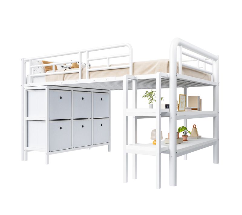 Lit Mezzanine Enfant 90x200 Cm, Lit Simple Avec Étagères De Rangement Et 6 Tiroirs, Métal, Blanc