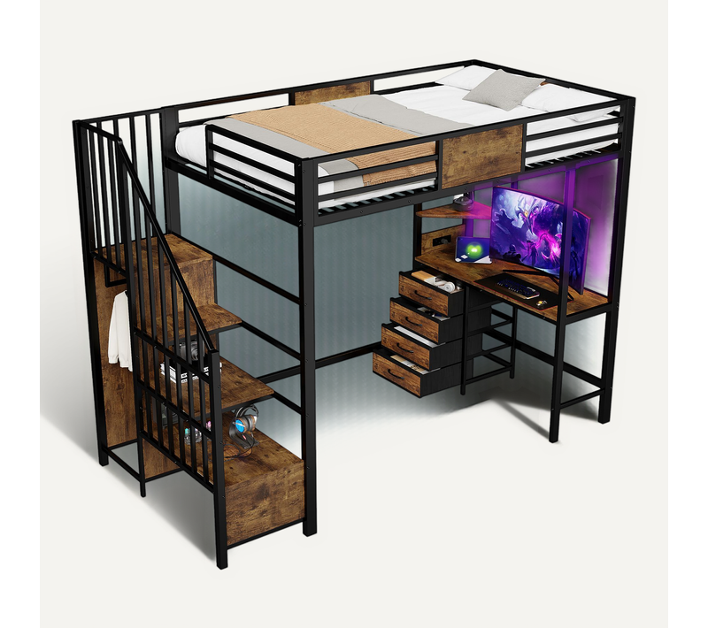 Lit Mezzanine Enfant 90x200 Cm, Lit Simple Avec Étagères, 4 Tiroirs, Bureau Et LED, Métal, Noir