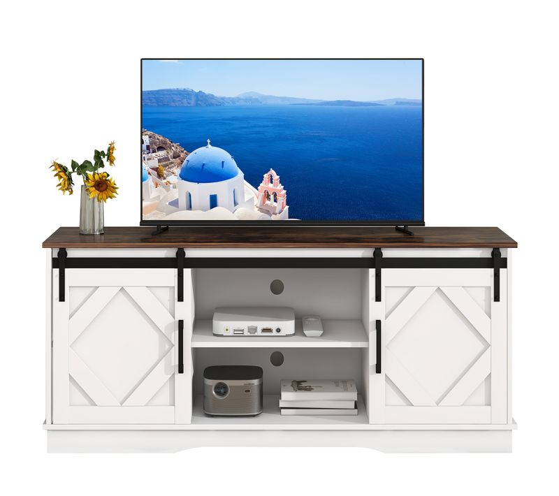 Meuble TV L.150 Cm Pour TV Jusqu'à 65'', 2 Portes Coulissantes, Panneau De Particules, Brun + Blanc