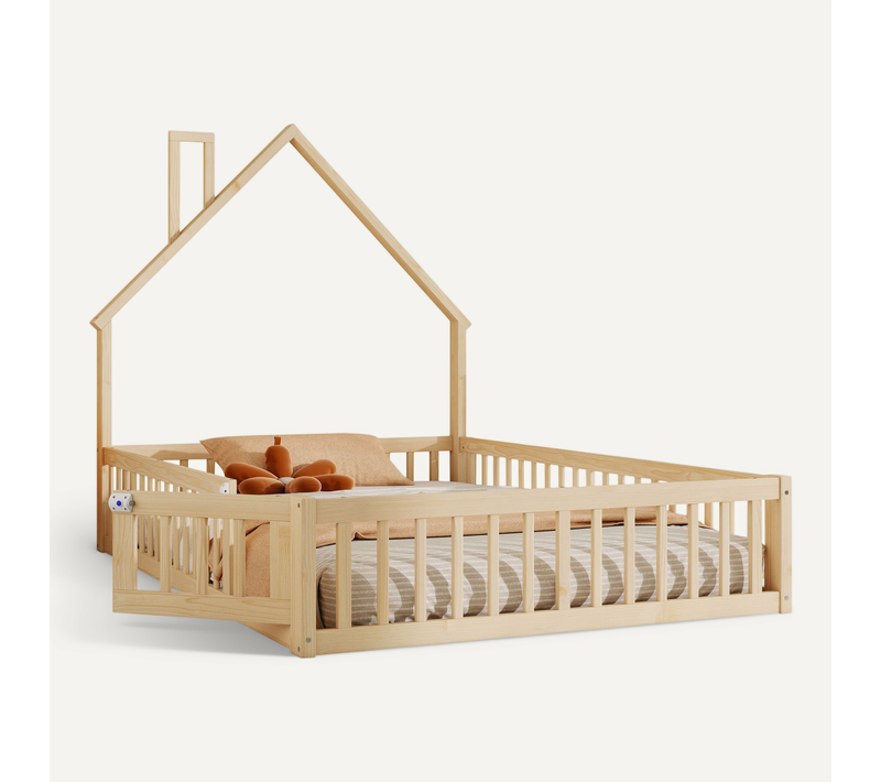 Lit Enfant 140x190 Cm Avec Sommier à Lattes, Grillage De Sécurité, En Pin, Naturel