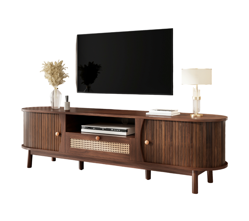 Meuble TV 165x37x46 Cm Avec 1 Tiroir En Rotin, 2 Portes Coulissantes, En Mdf, Couleur Noyer