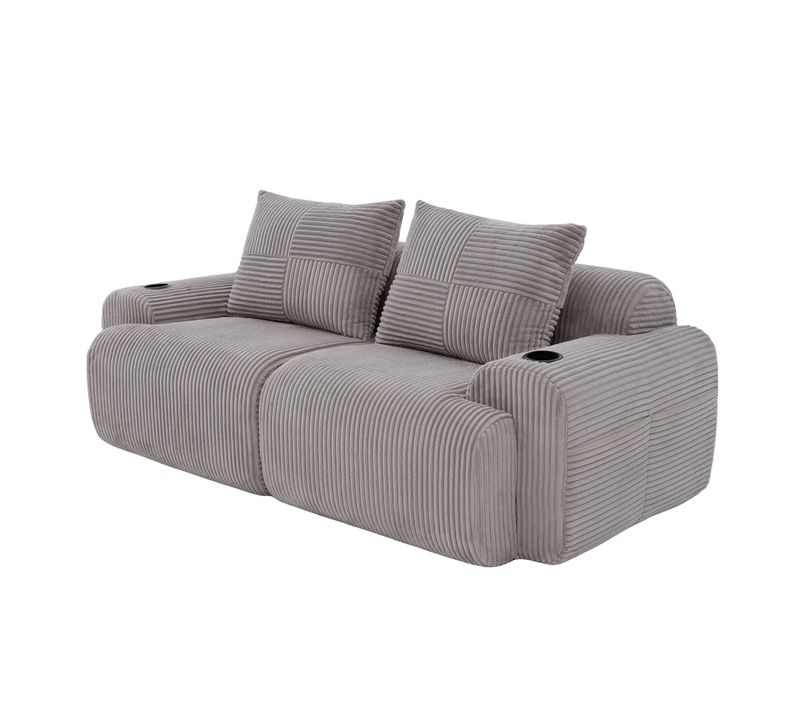 Canapé Compressé 2 Places 200x99x80 Cm, Porte-gobelet Et Rangement Latéral, Tissu, Gris Clair