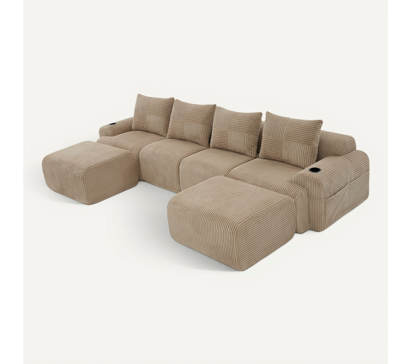 Canapé Compressé Canapé D'angle Modulable 4 Places 333x174x80 Cm, 2 Repose-pieds, Tissu, Kaki