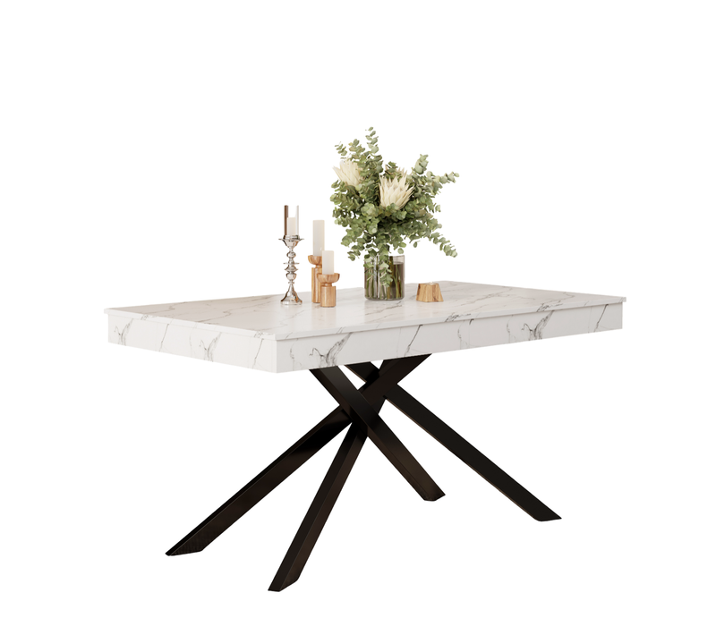 Table à Manger Extensible 140/180x80x76 Cm Avec Plateau Épais, Motif De Marbre, En Mdf, Blanche