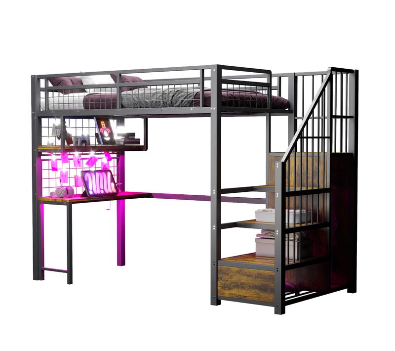 Lit Mezzanine Enfant 90x200 Cm, Lit Simple Avec Étagères, Prise, Bureau Et LED, Métal, Noir
