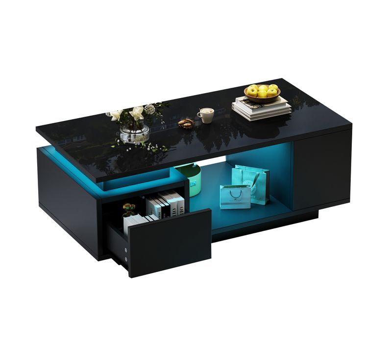 Table Basse Avec LED, Tiroir, Rangements Ouverts , Surface Brillante, En Panneau Particules, Noir