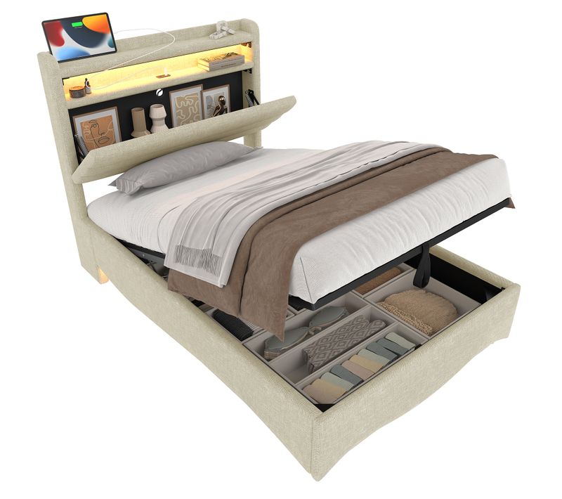 Lit Coffre 90x200cm, LED, Tête De Lit Rangement, Rangement Hydraulique, USB/type-c, Lin, Beige