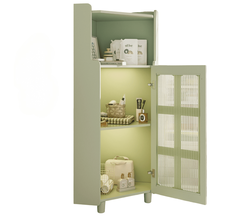 Caisson D'angle 63,5x124 Cm Armoire D'angle Avec LED, Étagère Ouverte, 1 Porte, En Mdf, Vert