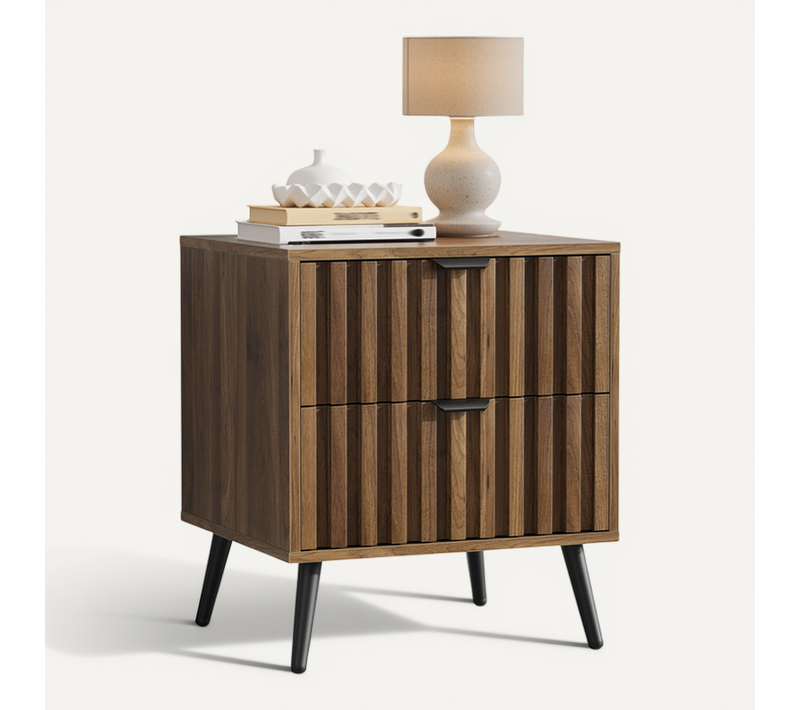 Table De Chevet 45x40x52.98 Cm, 2 Tiroirs, Pieds En Métal, En Mdf, Noyer